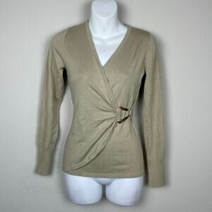Cache Y2K Tan‎ Knit Surplice Top Gold Buckle Long Sleeve Size S Festival Vintage